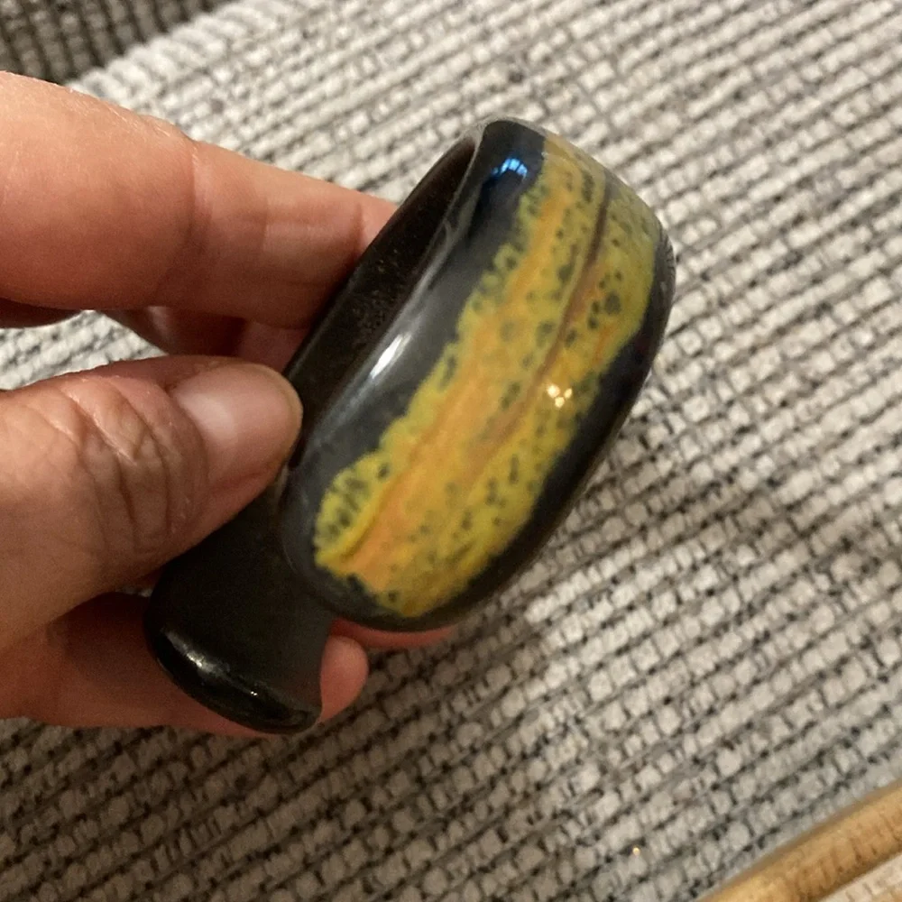 glass bangle bracelet black yellow abstract design